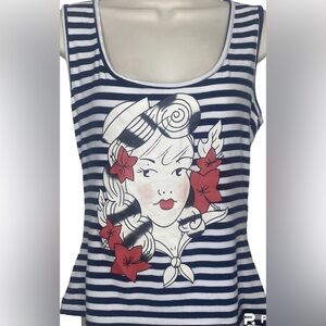 NWT MUXXN Women’s Nautical Striped Tank Top XXL Girl Graphic White Navy Red
